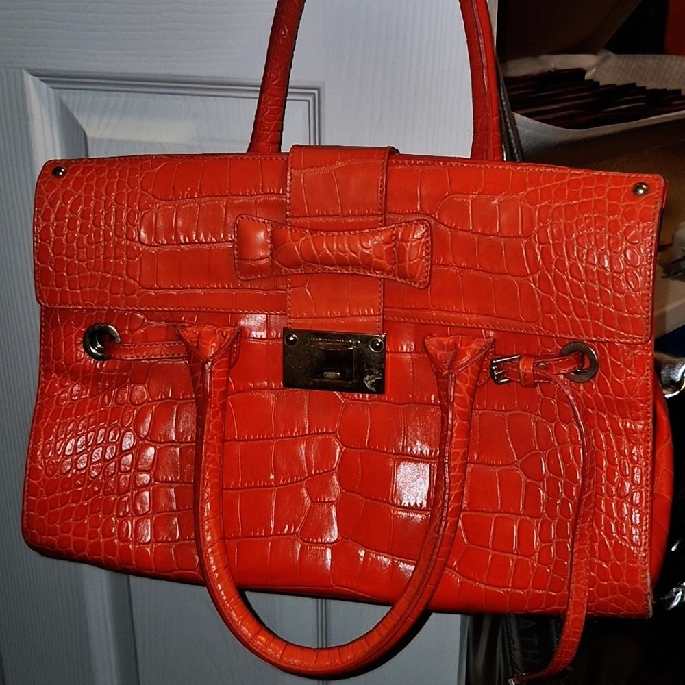 Jimmy Choo Orange Crocodile-Embossed Satchel
